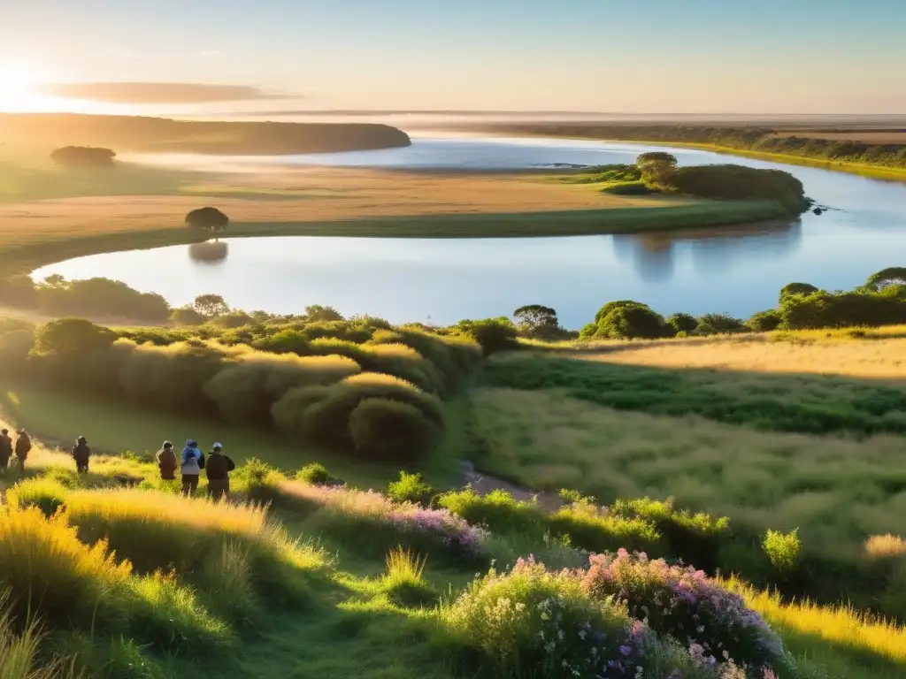 Avistamiento de aves en Uruguay al amanecer, con observadores en un río dorado, rodeados de montañas y flores silvestres