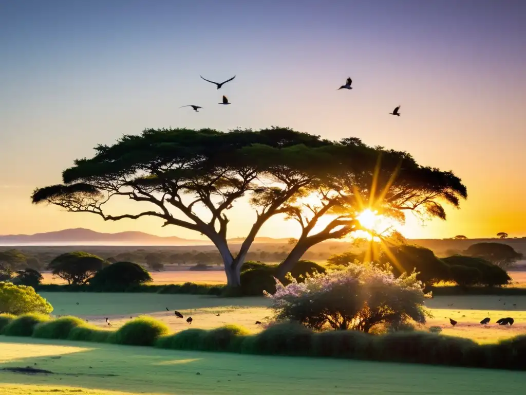 Avistamiento de aves en Uruguay al amanecer, con pájaros nativos revoloteando entre Ceibos en flor bajo la luz dorada