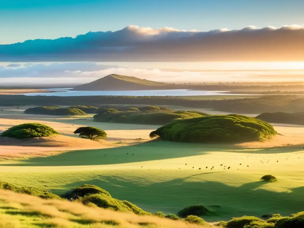 Avistamiento de aves en Uruguay para principiantes: amanecer panorámico con aves nativas volando sobre prados y mares serenos