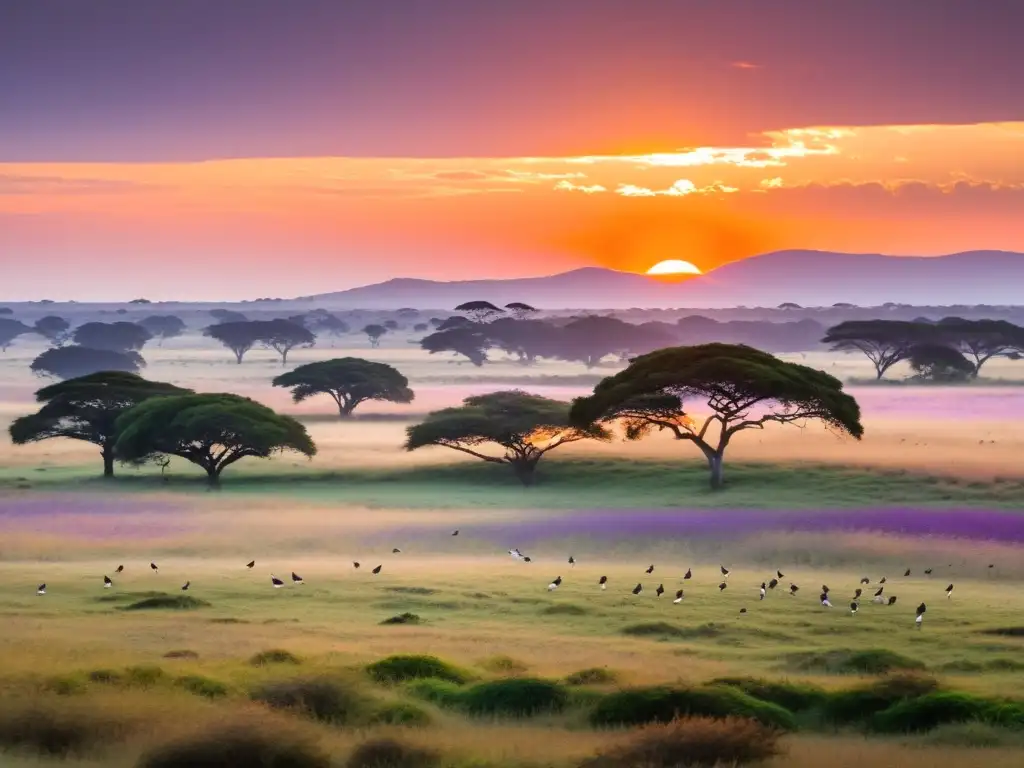 Avistamiento de aves en Uruguay para principiantes, admirando un atardecer mágico mientras diversas especies despliegan su canto vespertino