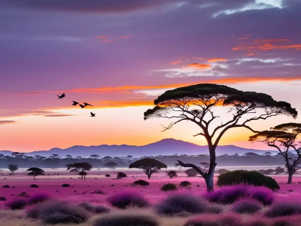 Avistamiento de aves en Uruguay principiantes: amanecer pintando el cielo, aves autóctonas en árboles de Ombú y guía con prismáticos