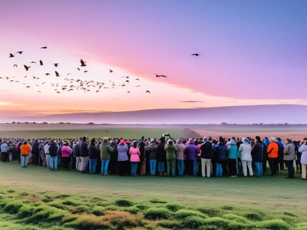 Avistamiento de aves en Uruguay principiantes al amanecer, disfrutando del espectáculo natural en un campo idílico