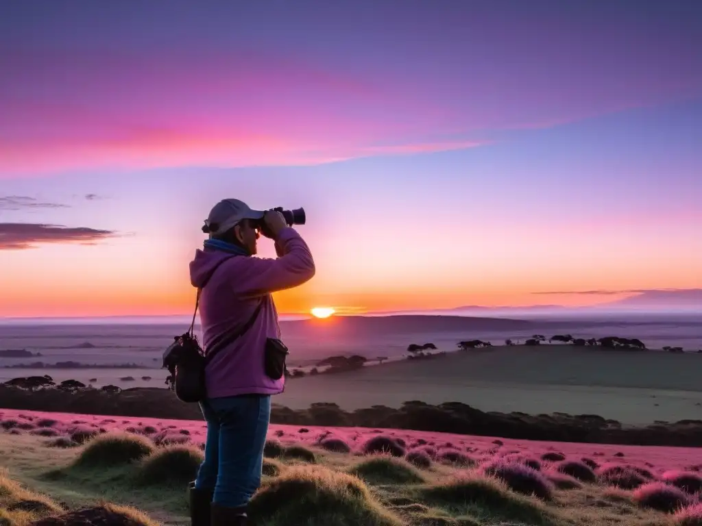 Avistamiento de aves en Uruguay para principiantes durante un impresionante amanecer, con siluetas de aves nativas volando sobre las vastas llanuras