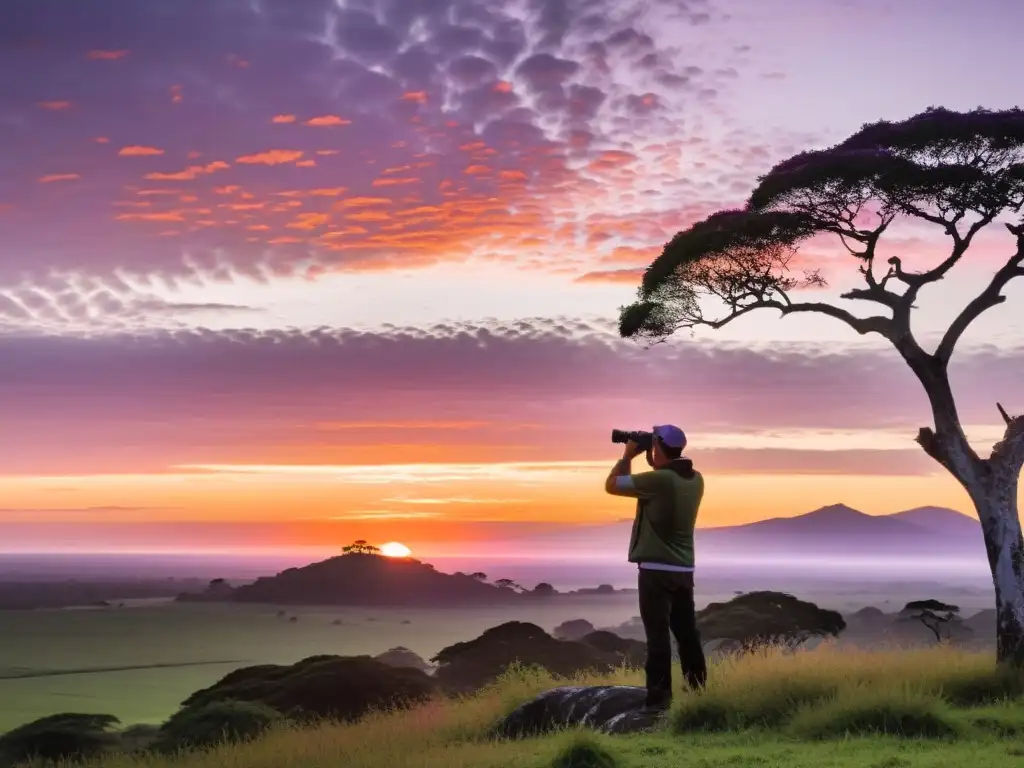 Avistamiento de aves en Uruguay principiantes: un observador al amanecer, rodeado de exóticos pájaros y colores vibrantes