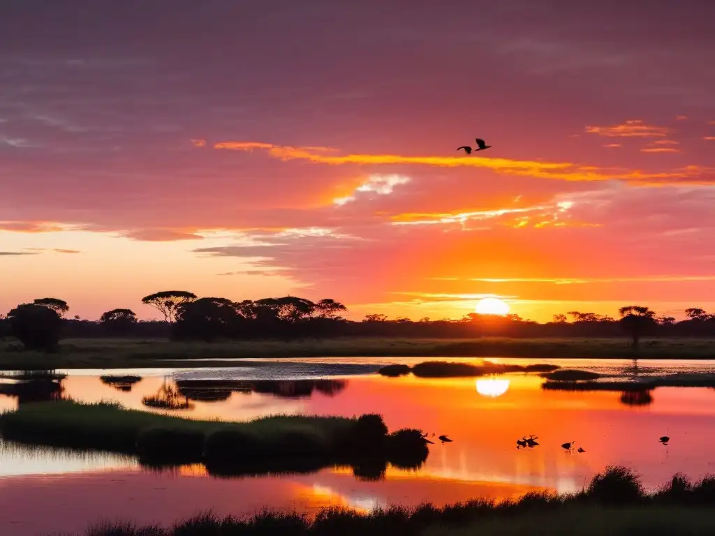 Avistamiento de aves en Uruguay principiantes: panorama idílico del atardecer, capibaras y aves siluetadas en humedales vírgenes