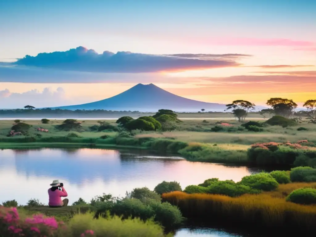 Avistamiento de aves en Uruguay al amanecer, con tonos rosados y naranjas en el cielo y naturaleza vibrante