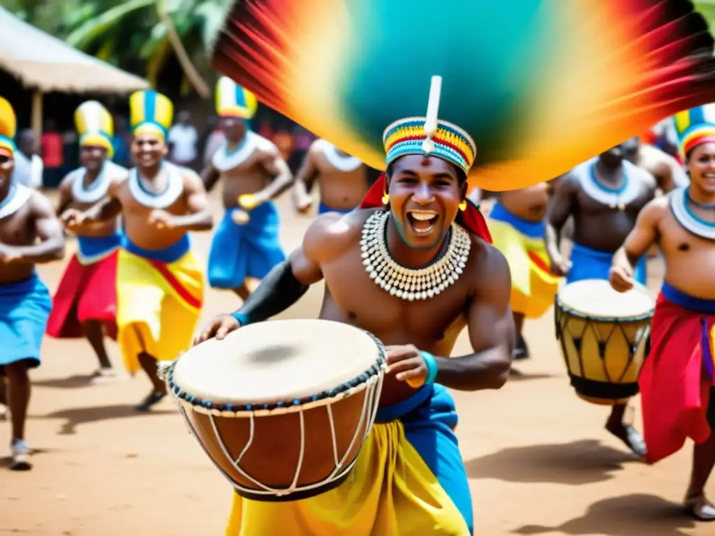 Bailarines AfroUruguayos vibrantes realizando el tradicional Candombe, reflejando la influencia africana en la cultura uruguaya