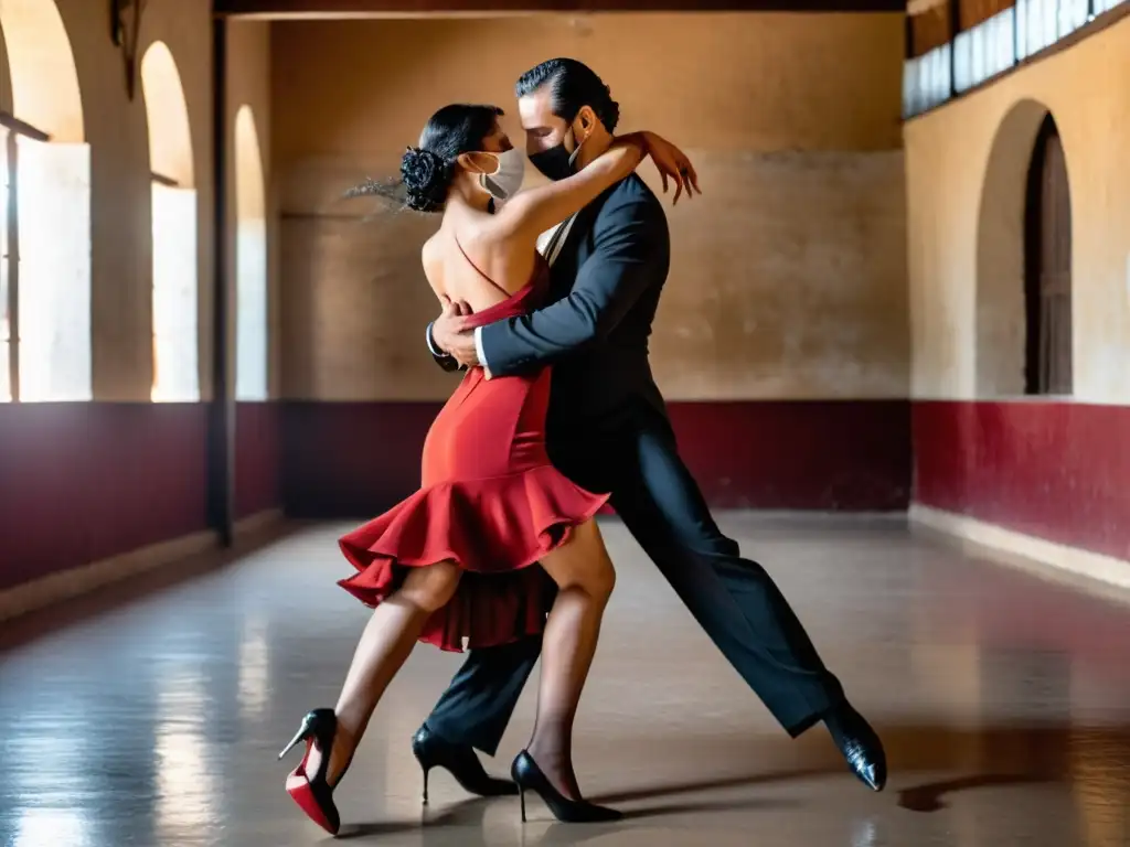 Bailarines apasionados vistiendo elegancia en un baile tradicional de tango en Uruguay, capturados en un salón rústico lleno de admiración