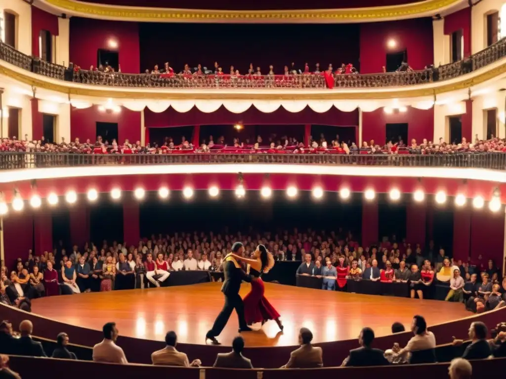 Bailarines apasionados en el Montevideo Tango Festival, entrelazados en un baile tradicional, reflejando la vibrante cultura uruguaya