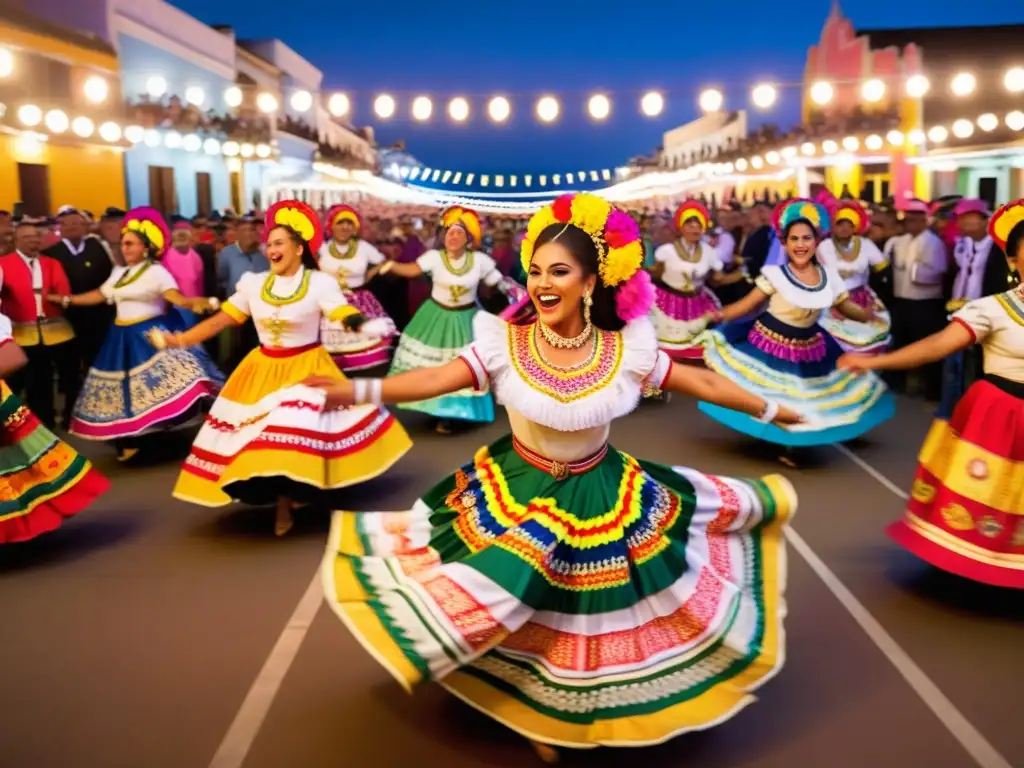 Bailarines apasionados en el Festival Nacional de Folclore Durazno, rodeados de luces cálidas, banderas uruguayas y la silueta de Durazno al anochecer