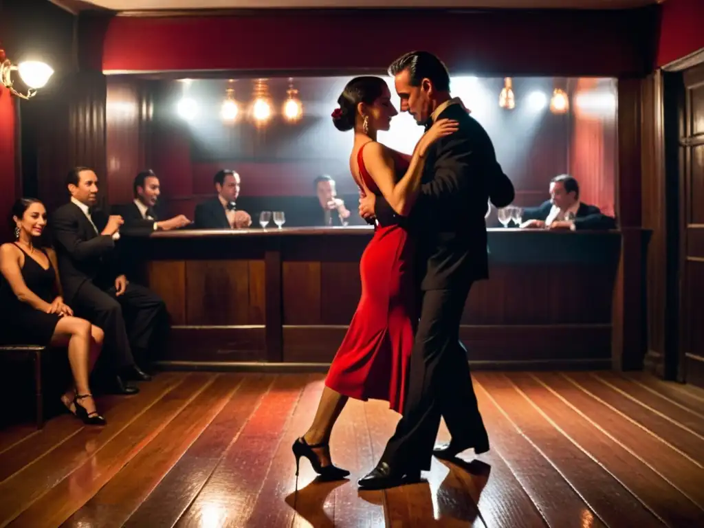 Bailarines apasionados sumergidos en la danza íntima del tango en un antiguo bar de Montevideo, evocando la historia y evolución del Tango en Uruguay