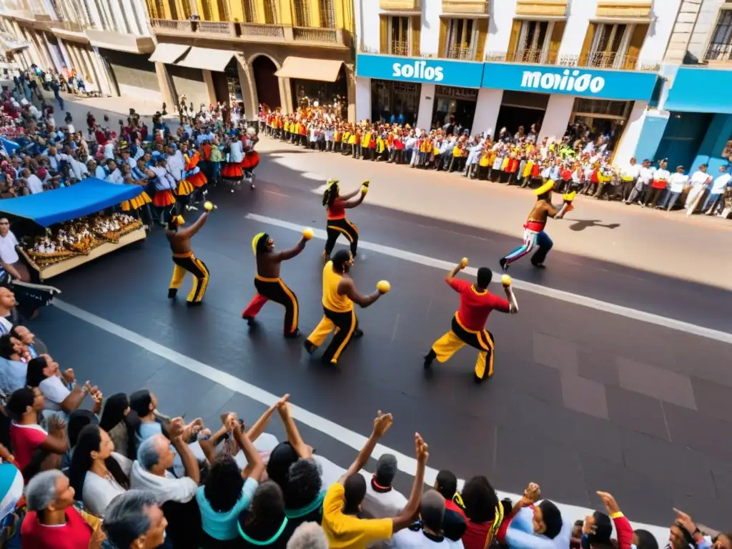 Bailarines de Candombe animan una bulliciosa calle de Montevideo, Uruguay, reflejando el vibrante movimiento cultural contemporáneo uruguayo