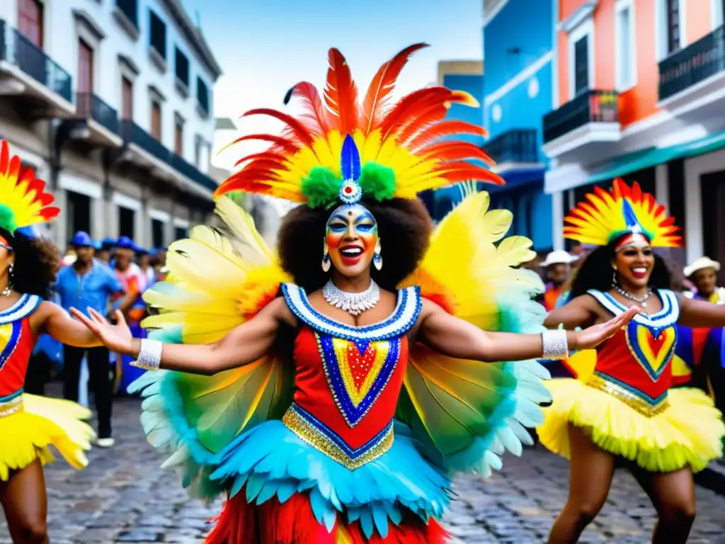 Bailarines de candombe en el Carnaval de Montevideo música danza, con trajes vibrantes y tambores, bajo luces cálidas de la ciudad