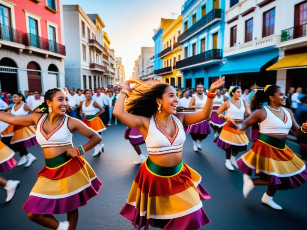 Bailarines enérgicos en festivales uruguayos fusionan tradición y modernidad, danzando candombe bajo un sol poniente en Montevideo