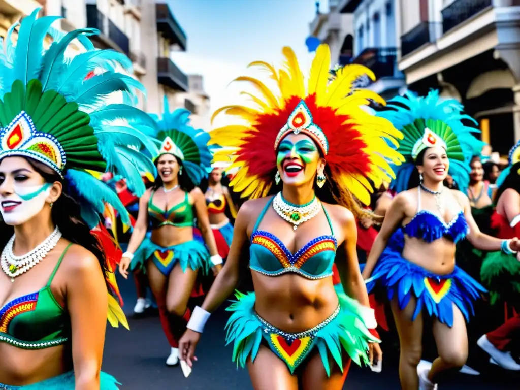 Bailarines enérgicos en trajes vibrantes dominan un recorrido fotográfico por la cultura y tradiciones de Uruguay, en pleno carnaval de Montevideo