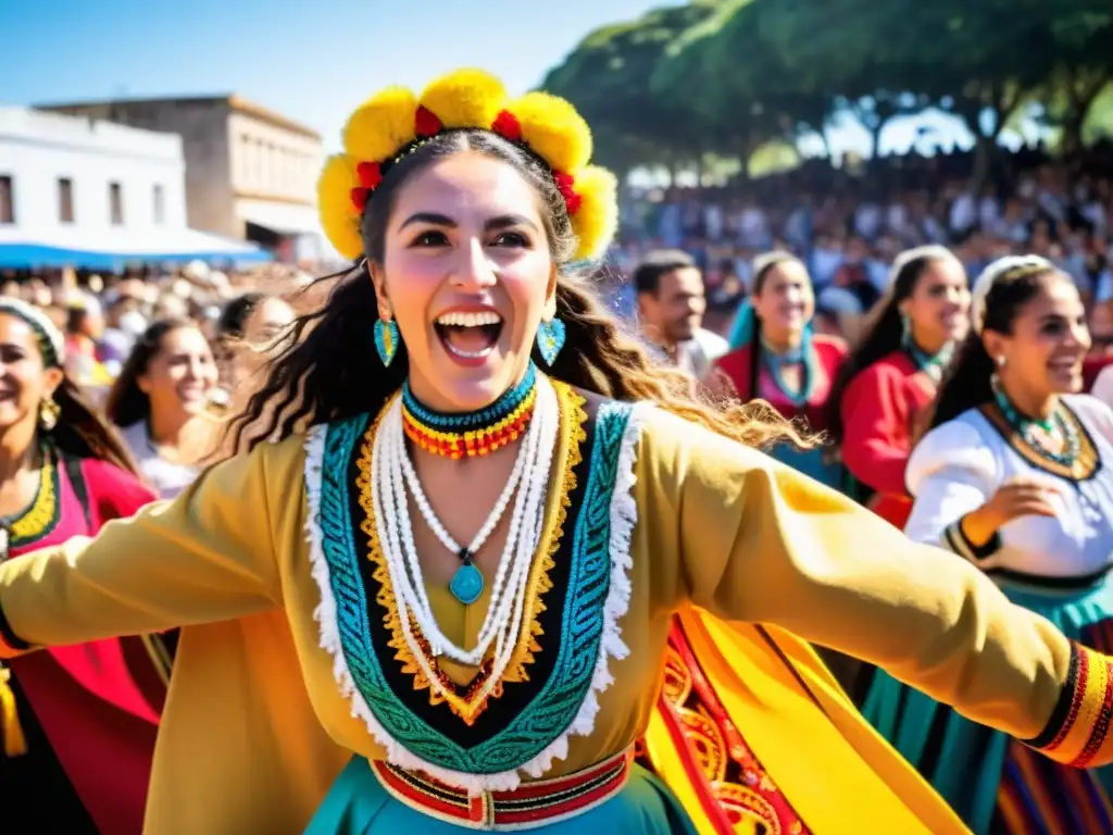 Bailarines llenos de energía y color en el Festival Internacional de Folklore Durazno, Uruguay, deleitan a espectadores bajo un cielo crepuscular