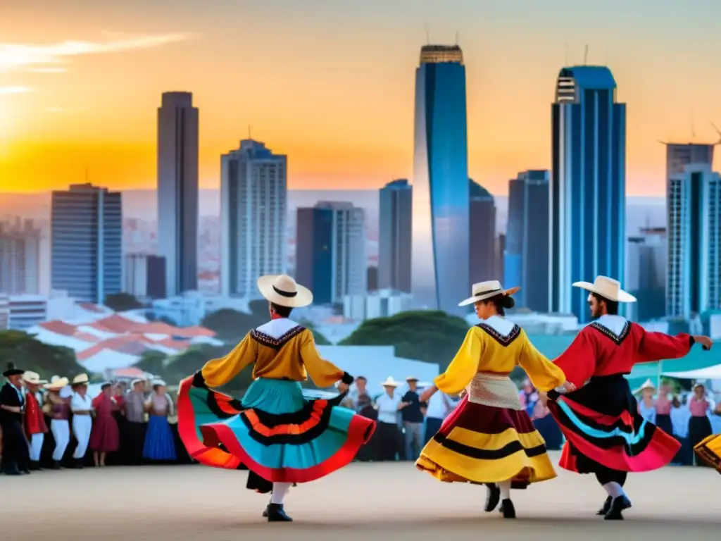 Bailarines en trajes gauchos danzan en un festival uruguayo, mezcla de tradición y modernidad, mientras el sol se pone sobre la ciudad