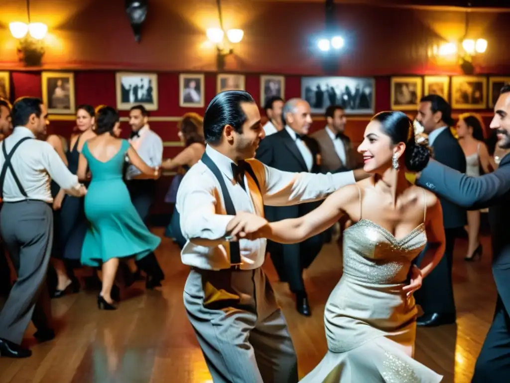 Un baile apasionado de milonga en Uruguay, tradición cultural en un salón nostálgico adornado con fotos y carteles vintage