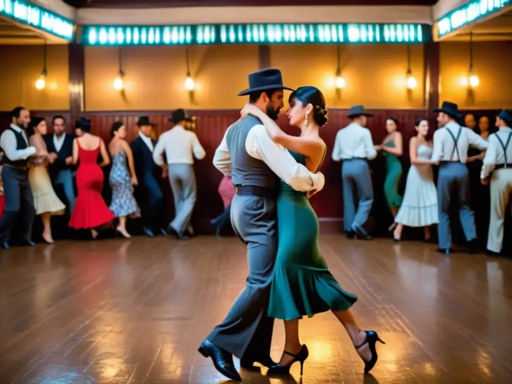 Baile apasionado en un salón vintage de Montevideo, reflejando los orígenes e influencias del tango uruguayo