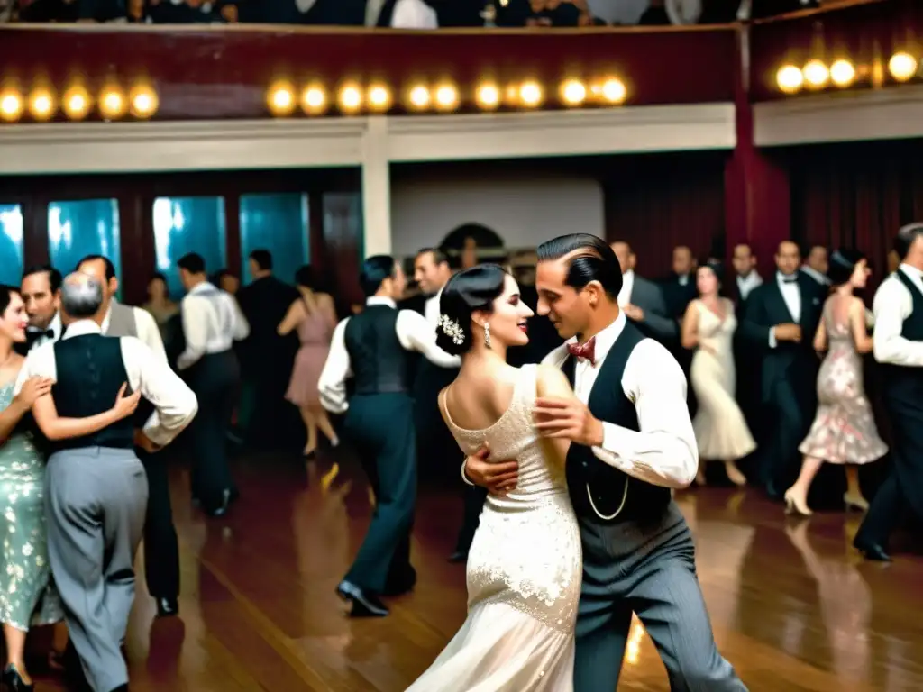 Baile tradicional tango Uruguay: Parejas elegantes danzando apasionadamente en un salón vintage en Montevideo, bajo lámparas ornamentadas