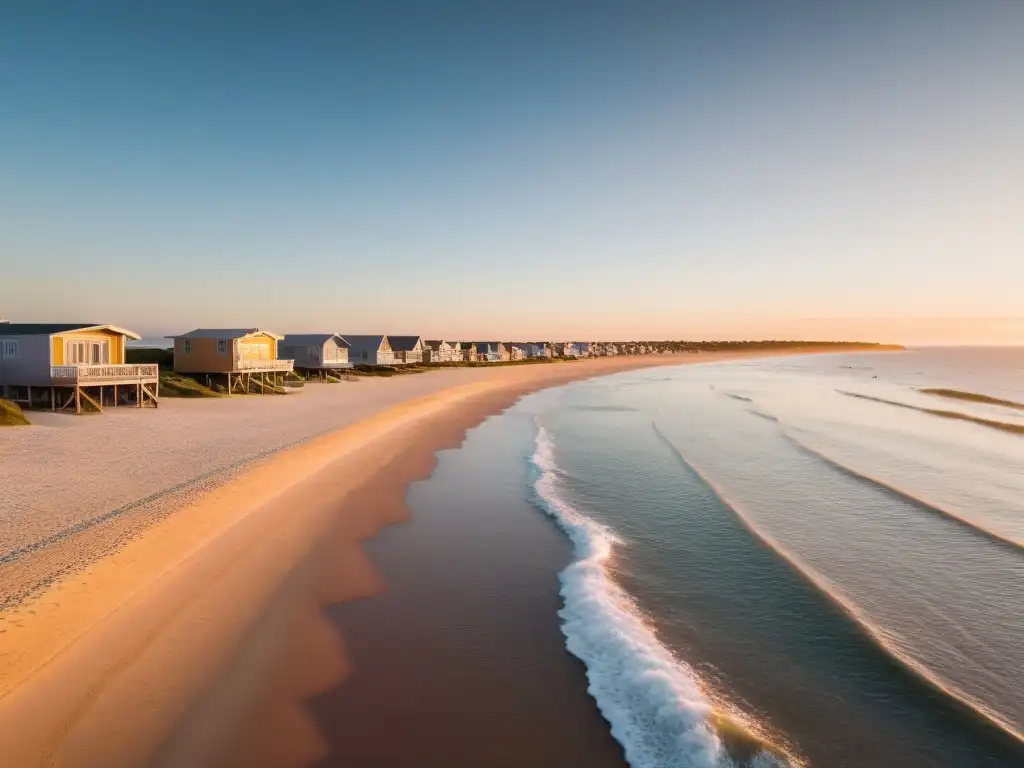 Balnearios emblemáticos Uruguay iluminándose al atardecer en la Ruta del Sol, con cabañas, palmeras y el Atlántico brillando en 8K