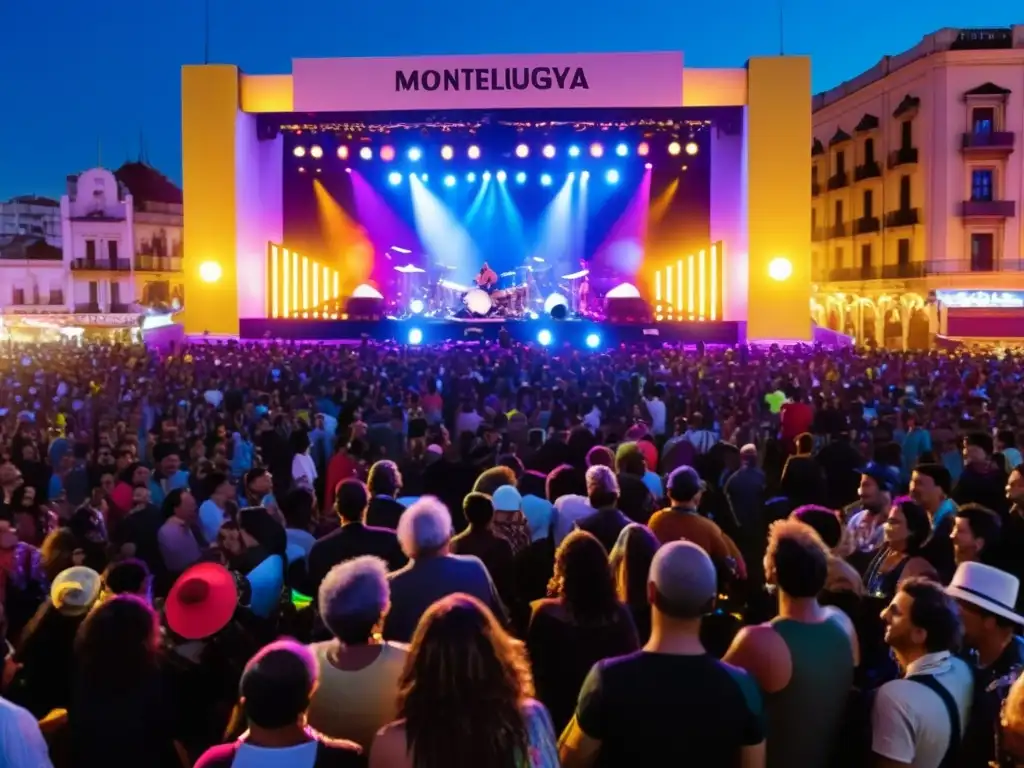 Banda energética en Montevideo, tocando la evolución de la música de Uruguay, entre raíces y presente, bajo luces vibrantes