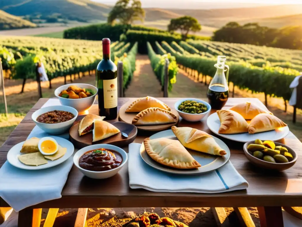 Banquete uruguayo con asado, empanadas y chivito en mesa rústica, durante el atardecer en un viñedo