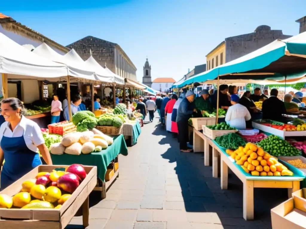 Comer barato y rico en Uruguay: mercado vibrante y colorido, con locales regateando por productos frescos bajo el cálido sol dorado