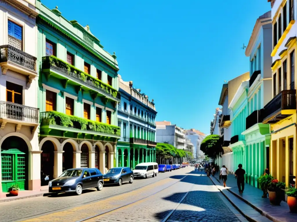 Barrios pintorescos para hospedarte en Montevideo, calle bulliciosa con casas coloniales coloridas, balcones de hierro forjado y cafés al aire libre