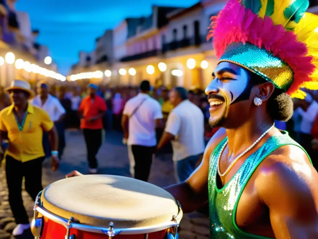 Baterista de Candombe en técnicas de fotografía para festivales uruguayos, transmitiendo fervor y vibrante tradición bajo un cielo estrellado