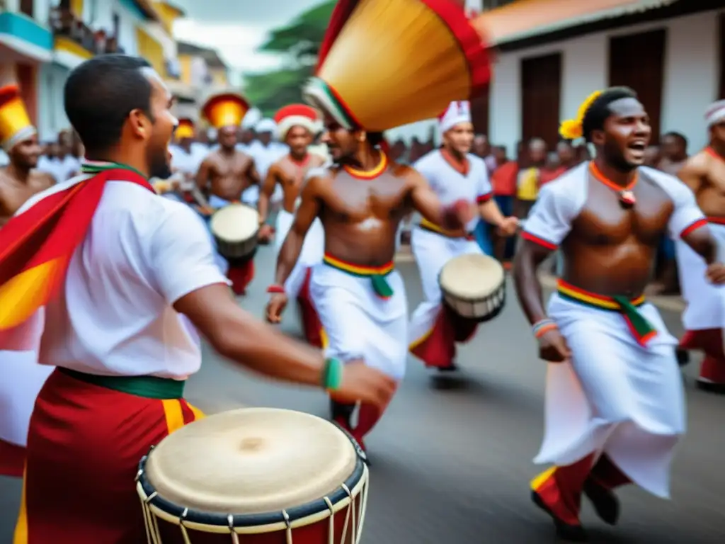 Bateristas apasionados en un candombe uruguayo reflejan la vibrante herencia africana en la cultura uruguaya, bajo un cielo colorido