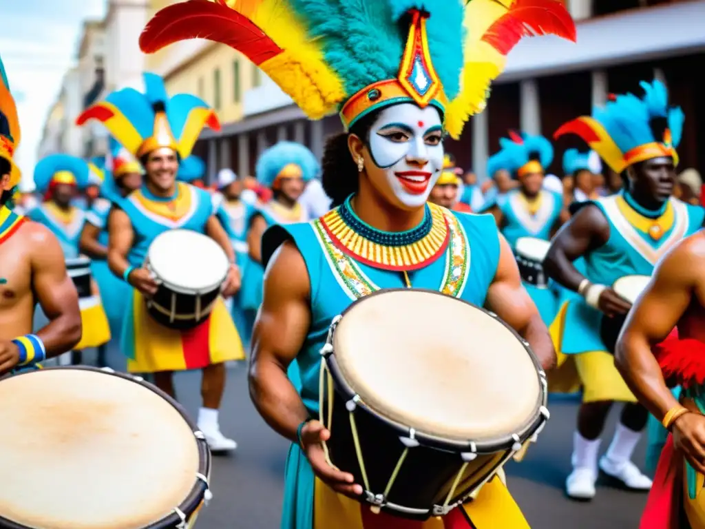 Bateristas de Candombe en plena Tradición Desfile Llamadas Uruguay, desbordando pasión y ritmo bajo un cielo pintado por el atardecer