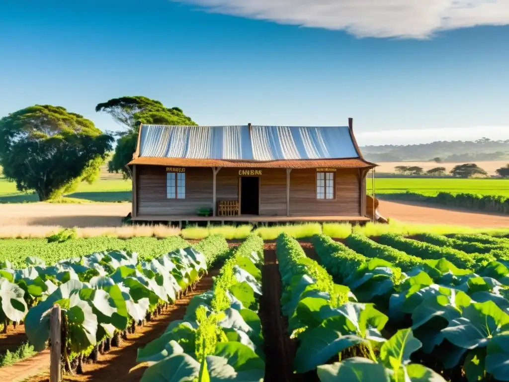 Bella vista de tierras fértiles en Uruguay, con cosechas orgánicas y la encantadora 'Tienda Naturista' rodeada de frescos productos