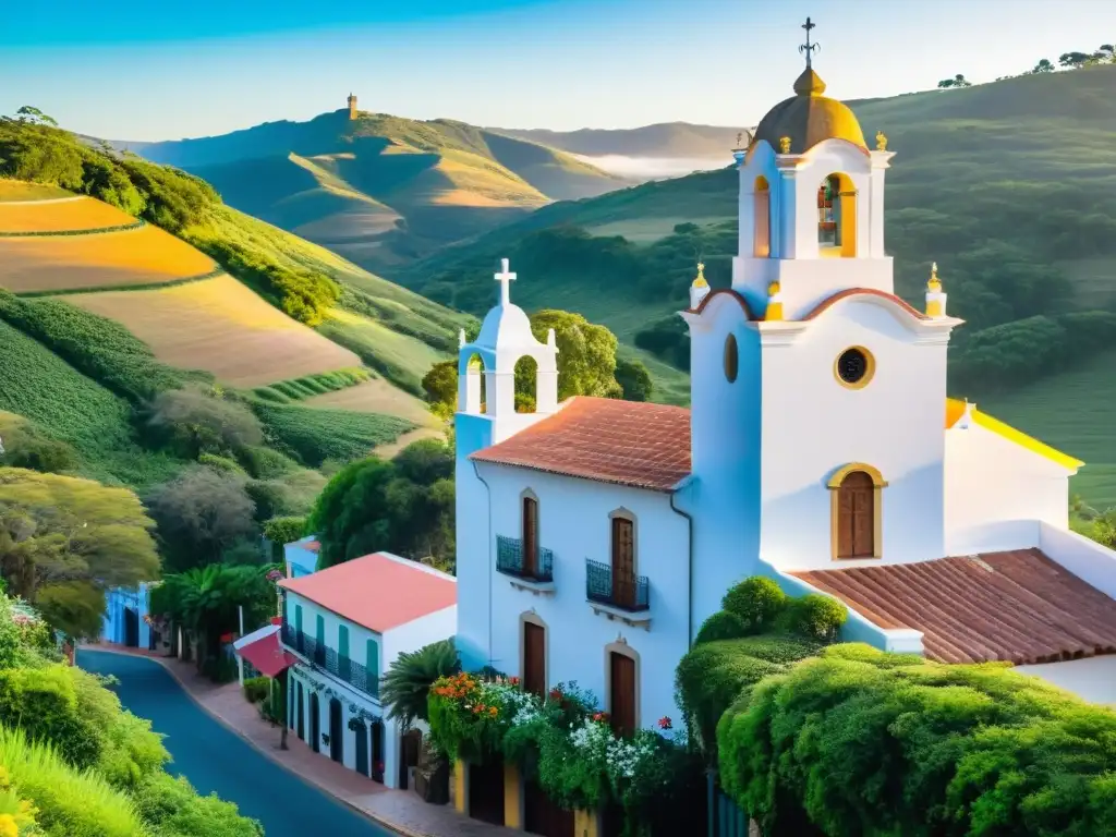 Belleza y cultura de Uruguay reflejada en un pintoresco amanecer en un tranquilo pueblo, rodeado de verdes colinas