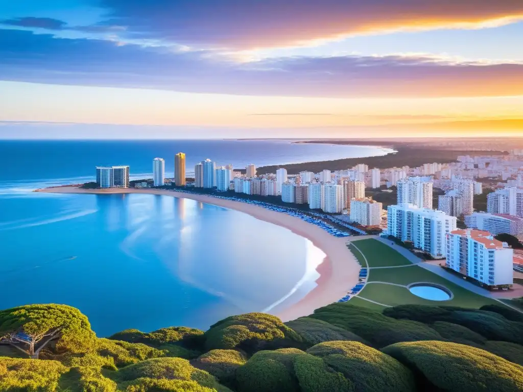 Belleza cultural Uruguay paisajes: Atardecer dorado en Punta del Este, con rascacielos lujosos, mar azul y la famosa escultura 'La Mano'