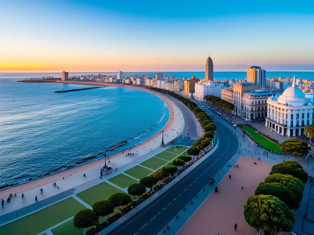 Belleza cultural de Uruguay reflejada en el paisaje de Montevideo al atardecer, donde la Rambla y el Palacio Salvo destacan