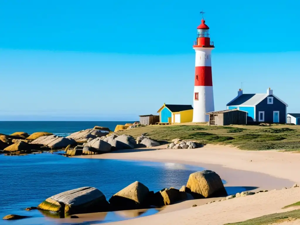 Belleza cultura Uruguay viaje fascinante: Cabo Polonio iluminado por un sol dorado, casitas rústicas y faro imponente, rodeados por el majestuoso mar y las dunas de Punta del Diablo