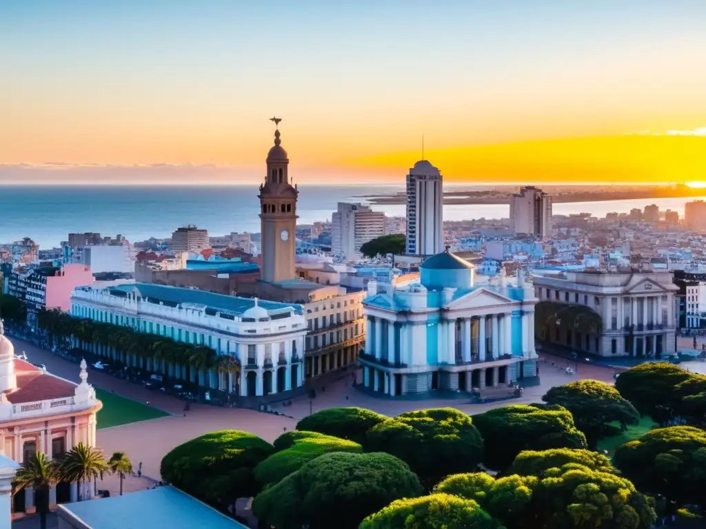 Belleza natural Uruguay viaje: Montevideo se baña en dorados rayos de sol, con el Palacio Salvo dominando el paisaje