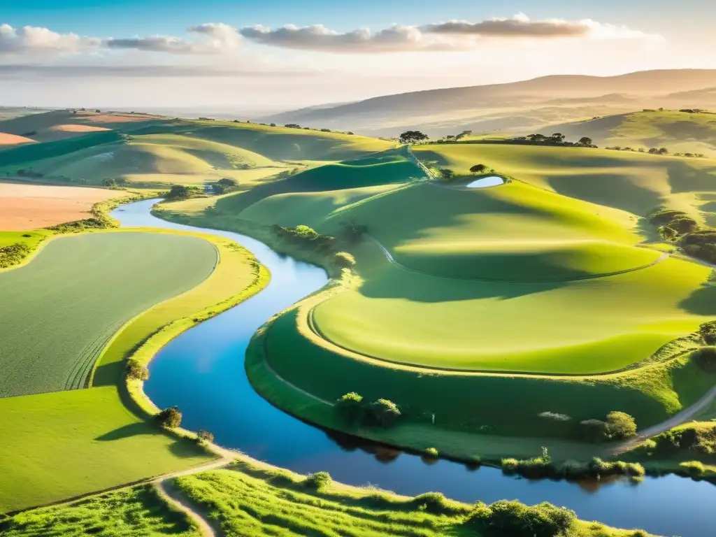 Belleza natural Uruguay responsable, un paisaje dorado al atardecer con colinas verdes, ganado y energía sostenible