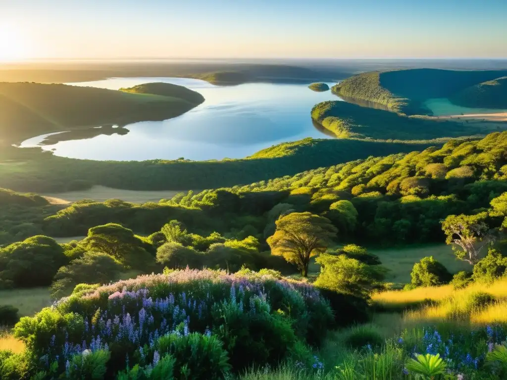 Belleza natural Uruguay responsable: amanecer panorámico, fauna y flora indígena, río centelleante y estancias rodeadas de colinas ondulantes