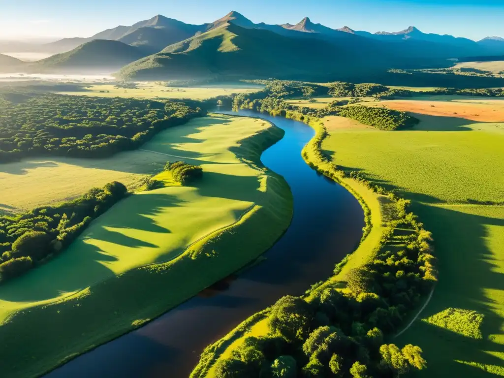 Belleza natural de Uruguay responsable: Gaucho solitario admira el amanecer dorado sobre el río cristalino, pastizales verdes y majestuosos Andes