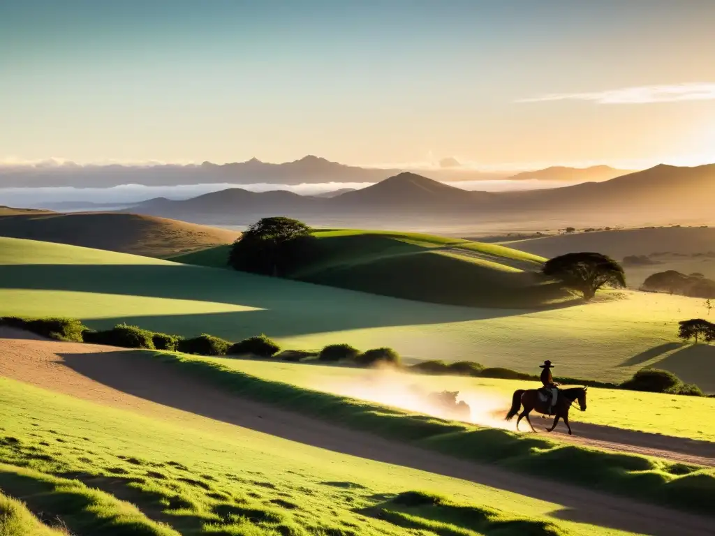 Belleza natural Uruguay responsable: gaucho solitario al atardecer, familia comprometida recogiendo basura y playas prístinas bajo cielo multicolor