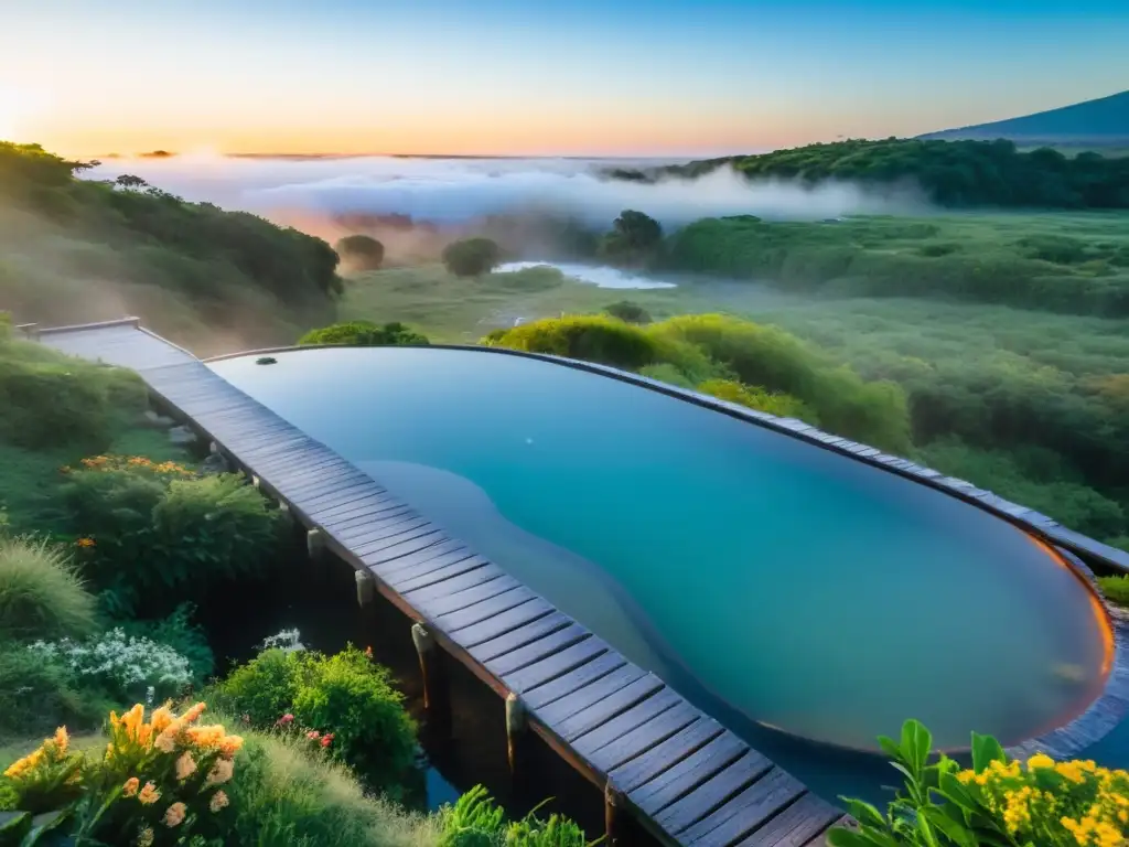 La belleza natural de Salto, Uruguay, se revela en un amanecer dorado sobre las termas de Daymán, rodeadas de verde exuberante