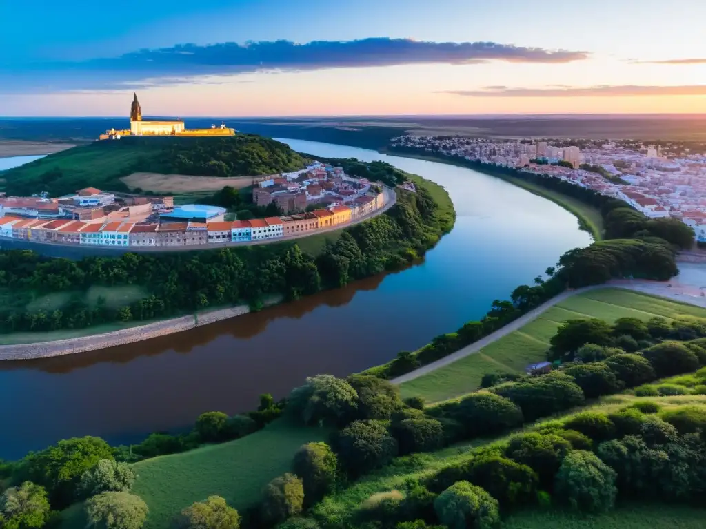 Belleza natural de Salto, Uruguay, en un atardecer panorámico con colinas verdes, la majestuosa Catedral y la represa de Salto Grande