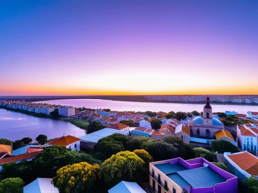 La belleza natural de Salto, Uruguay, destaca con su río reflejando un atardecer ardiente y una ciudad llena de historia