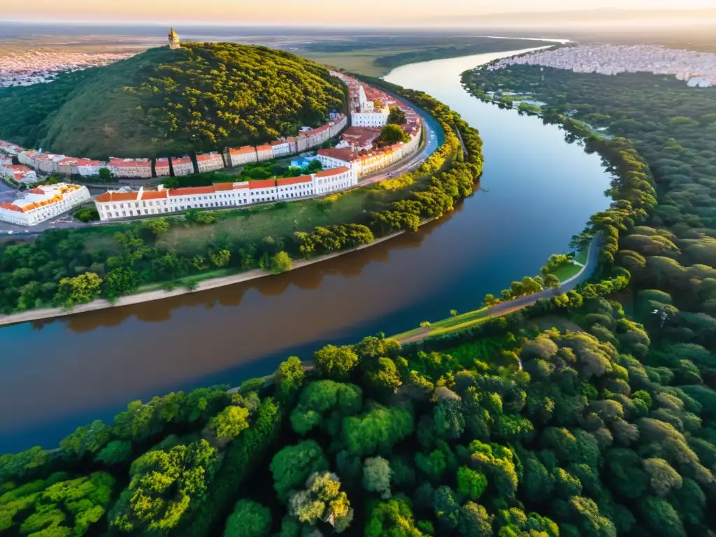 La belleza natural de Salto Uruguay se despliega en una vista aérea al atardecer dorado, destacando su río majestuoso y ciudad vibrante