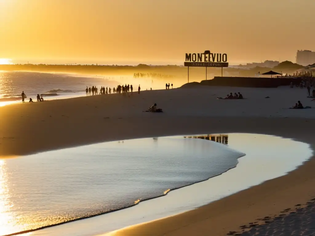 Capturar belleza playas Uruguay; atardecer dorado en Playa de los Pocitos, siluetas disfrutan bajo el letrero de Montevideo