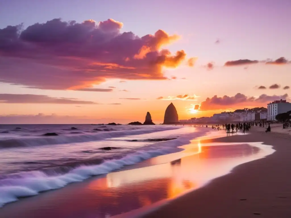 Capturar belleza playas Uruguay con cámara profesional, atardeceres vibrantes, risas lejanas y palmeras susurrantes en 8k de detalle