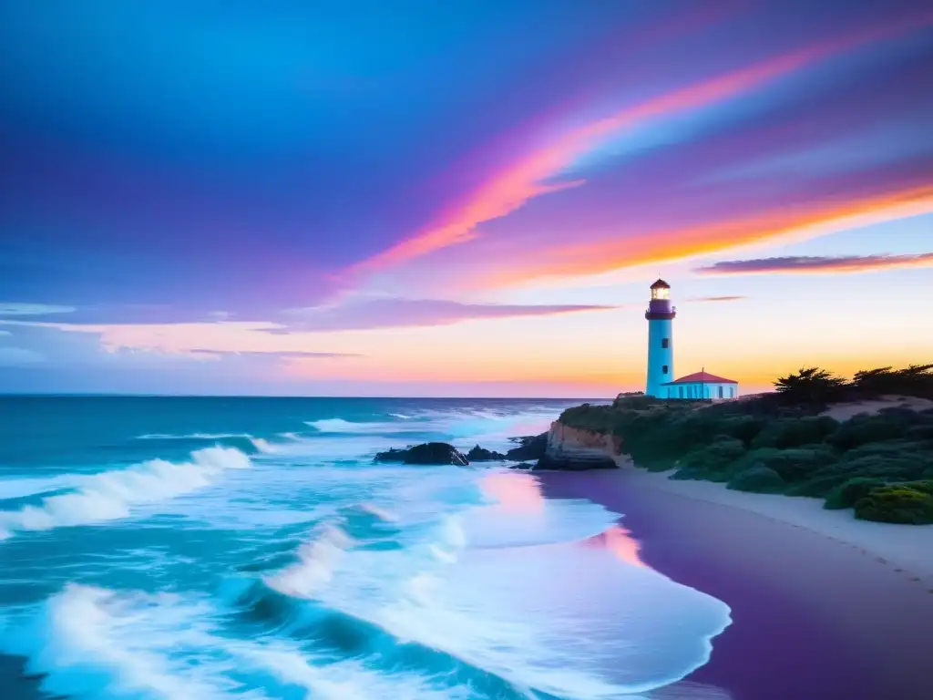 Capturar belleza playas Uruguay con vista impresionante de su costa al atardecer, un faro solitario y acantilados majestuosos