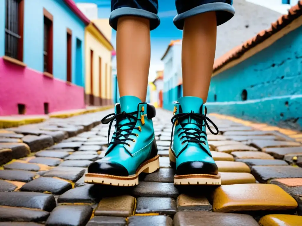 Botas de senderismo pisando empedrados en una calle uruguaya, explorando ciudades uruguayas a pie entre arte callejero y arquitectura diversa